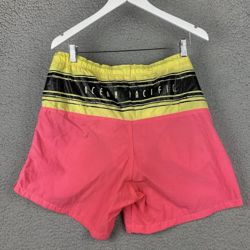 Ocean Pacific Men's Bathing Suit Swim Trunks One‎ Planet Pink Neon L 90s  Nylon